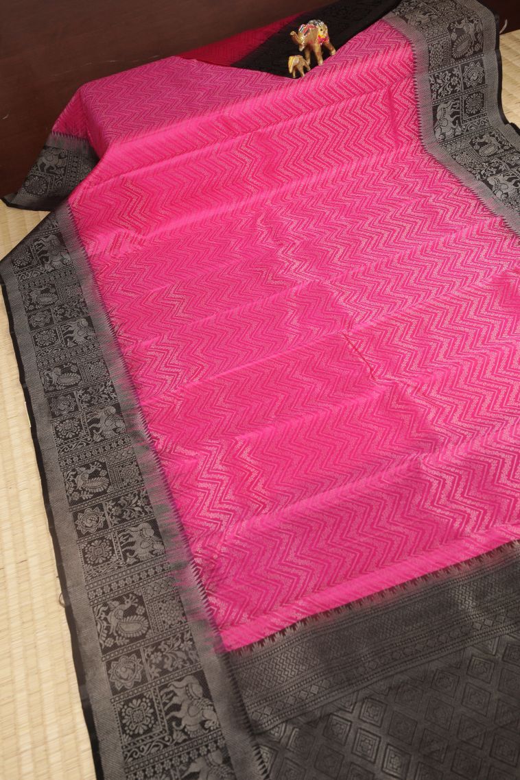 Bubblegum Pink Soft Silk Saree with Silver Zari Stripes view 2