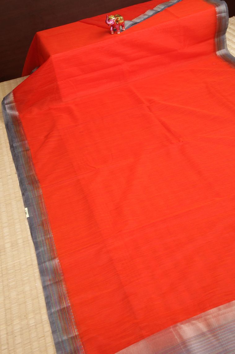 Tiger Orange Tussar Saree with Without Zari Zari Plain view 2