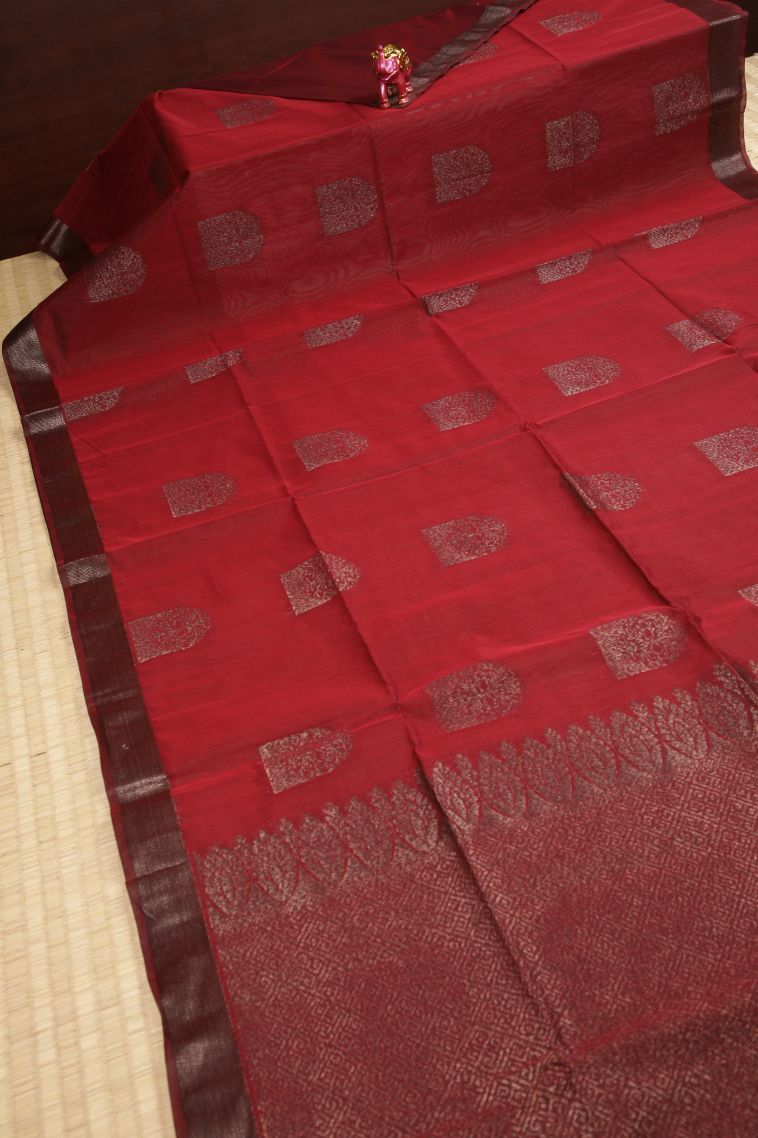 Apple Red Silk Cotton Sarees with Bronze Zari Buttis (small Dots Or Motifs) view 2
