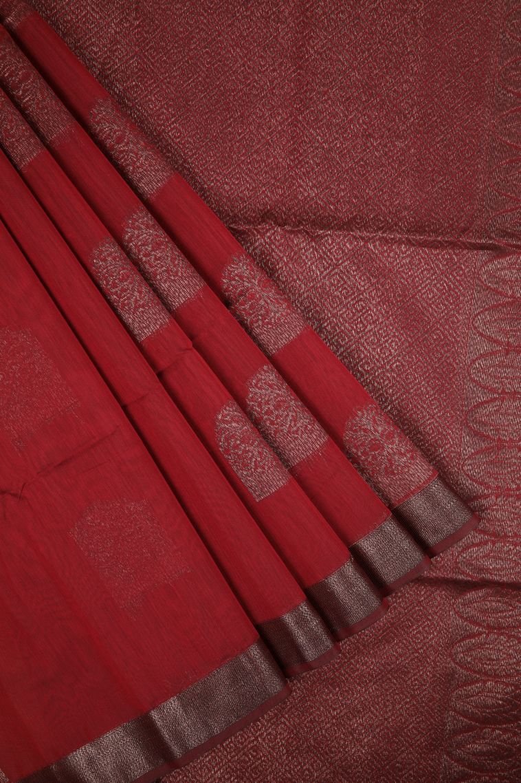 Apple Red Silk Cotton Sarees with Bronze Zari Buttis (small Dots Or Motifs) view 1