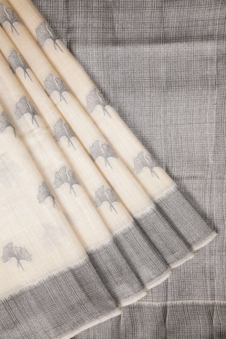 Cream White Tussar Saree with Bronze Zari Buttis (small Dots Or Motifs) view 1