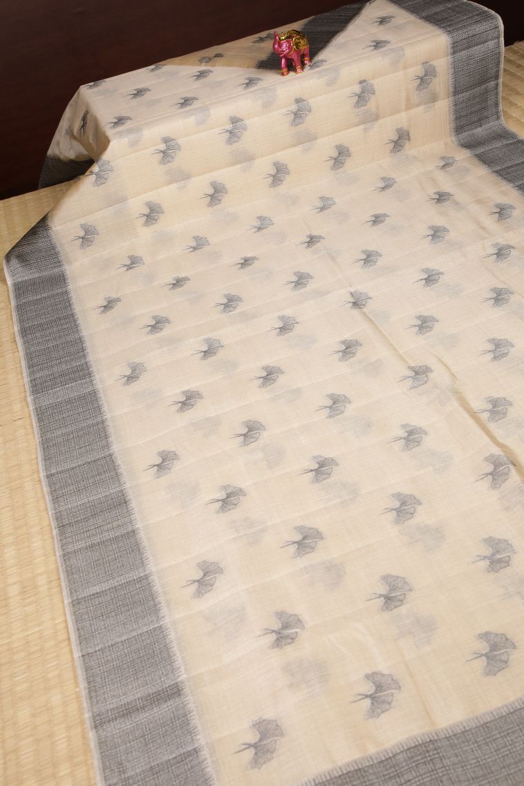 Cream White Tussar Saree with Bronze Zari Buttis (small Dots Or Motifs) view 2