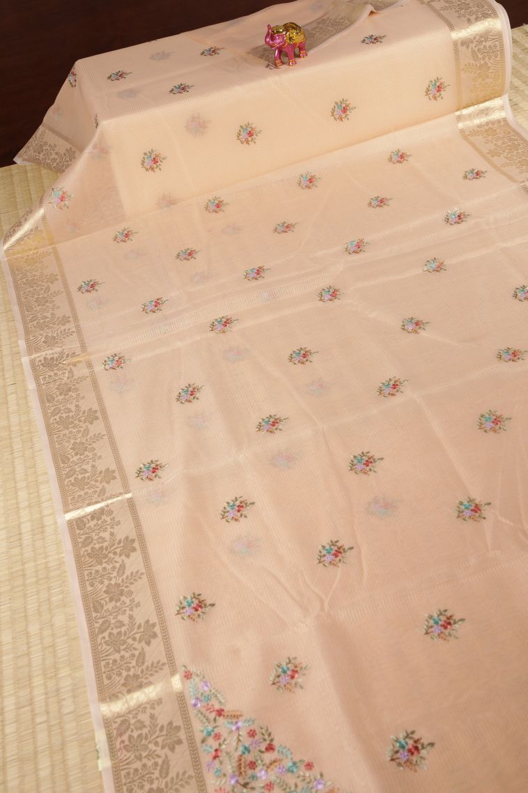 Salmon Pink Tussar Saree with Without Zari Zari Buttis (small Dots Or Motifs) view 2