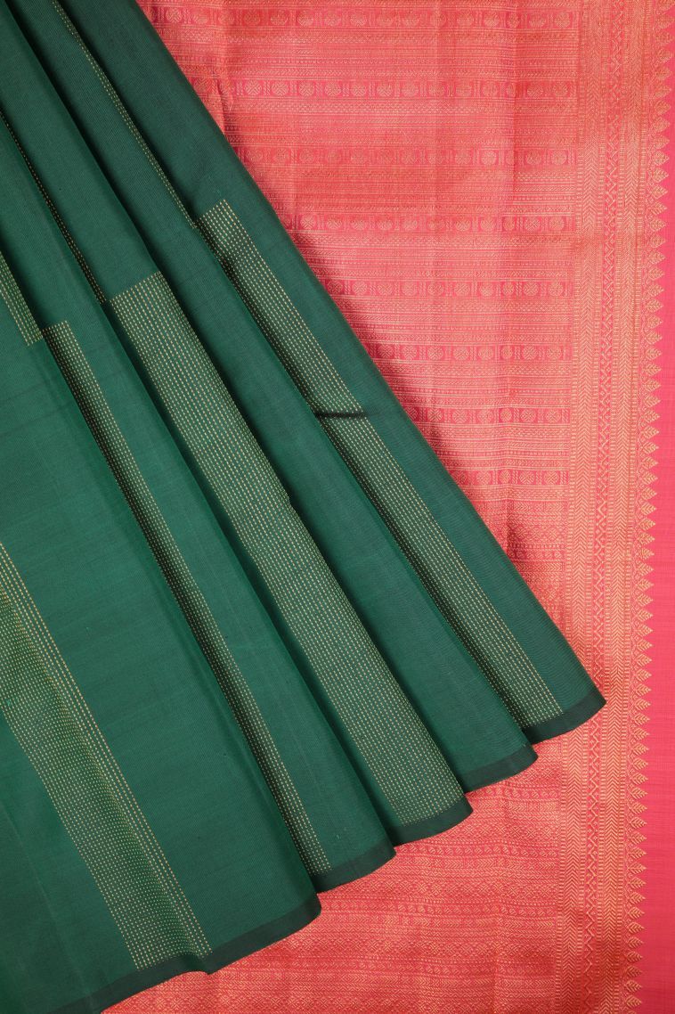 Pine Green Kanchipuram Silk Sarees with Gold Zari Stripes view 1