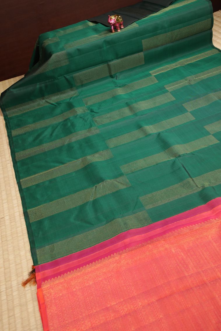 Pine Green Kanchipuram Silk Sarees with Gold Zari Stripes view 2
