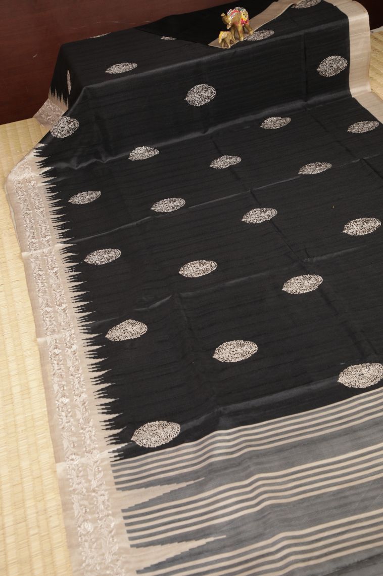 Asphalt Black Tussar Saree with Without Zari Zari Buttis (small Dots Or Motifs) view 2