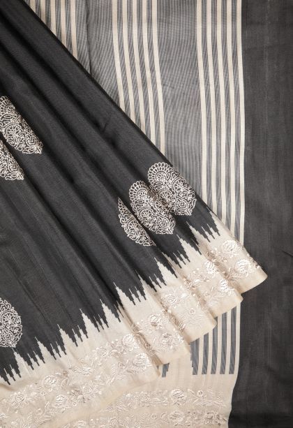 Asphalt Black Tussar Saree with Without Zari Zari Buttis (small Dots Or Motifs)