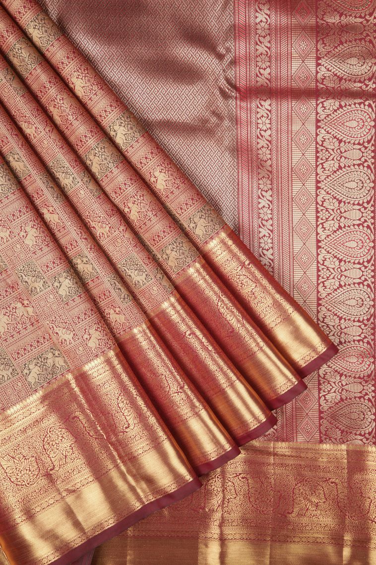 Berry Red Samudrika Pattu with Copper Zari Floral Patterns view 1