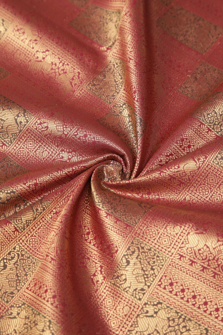 Berry Red Samudrika Pattu with Copper Zari Floral Patterns view 4