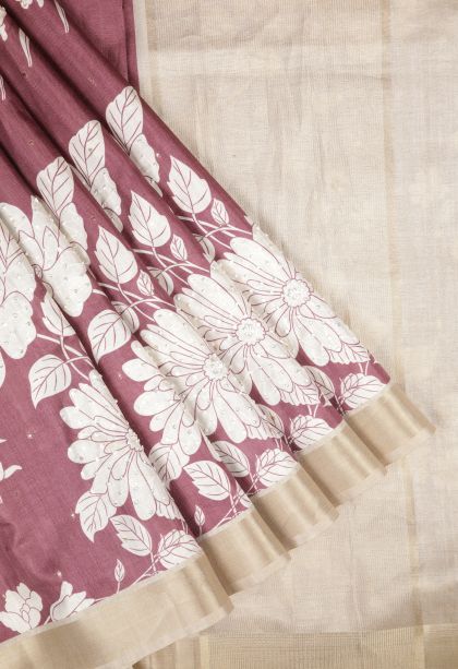 Rosewood Pink Tussar Saree with Without Zari Zari Floral Patterns