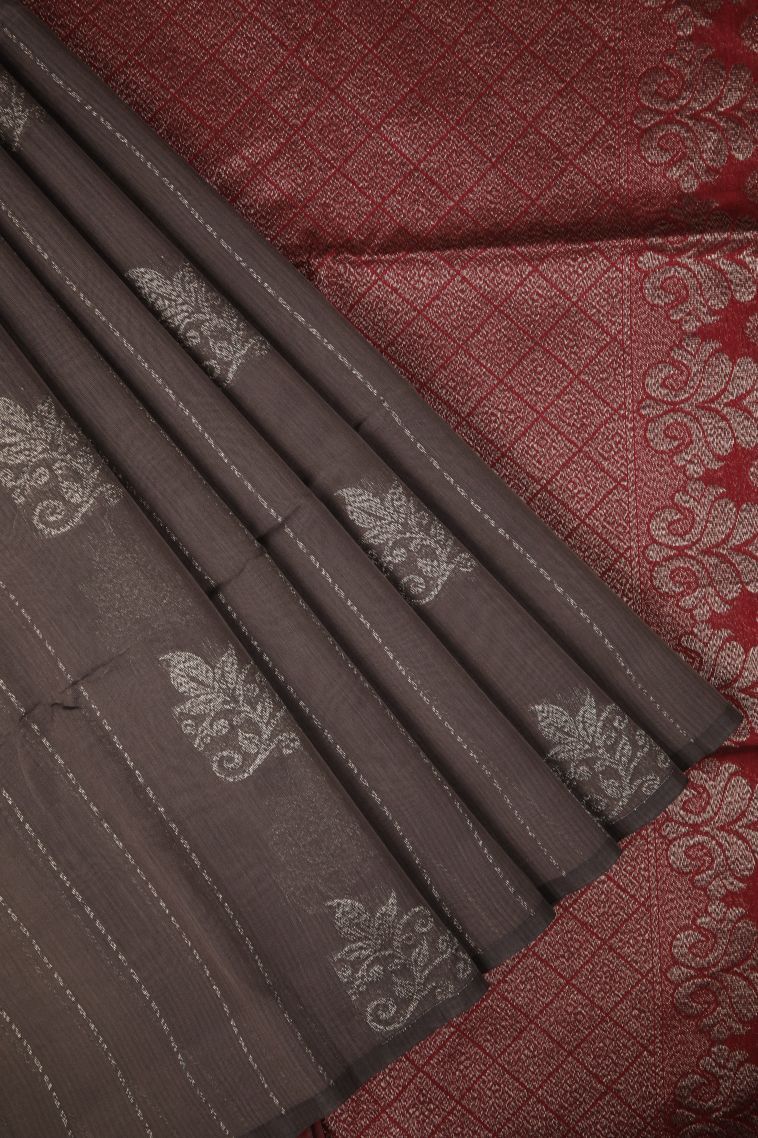 Damp Black Silk Cotton Sarees with Bronze Zari Stripes view 1