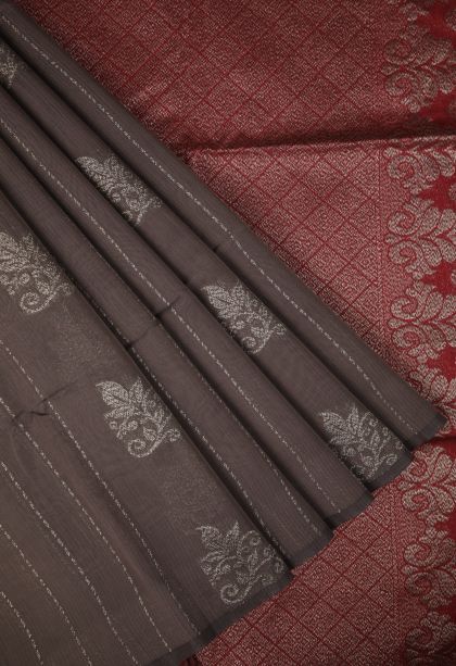 Damp Black Silk Cotton Sarees with Bronze Zari Stripes