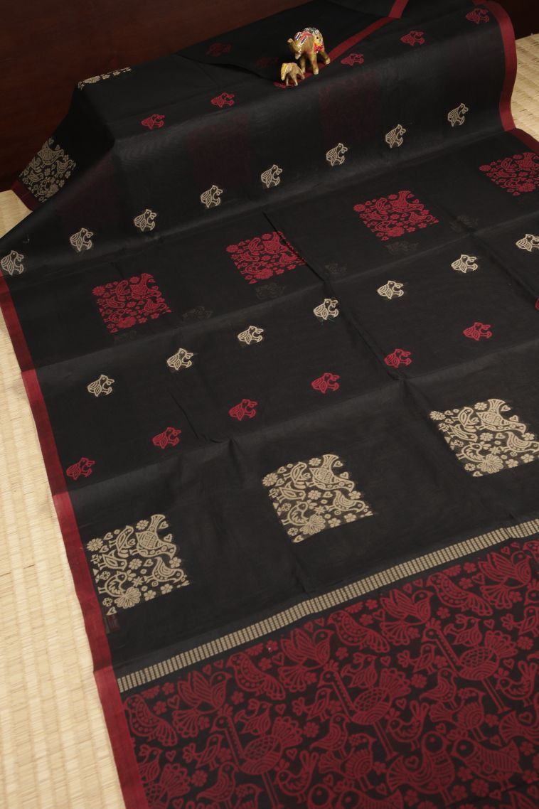 Asphalt Black Poly Cotton Sarees with Without Zari Zari Buttis (small Dots Or Motifs) view 2