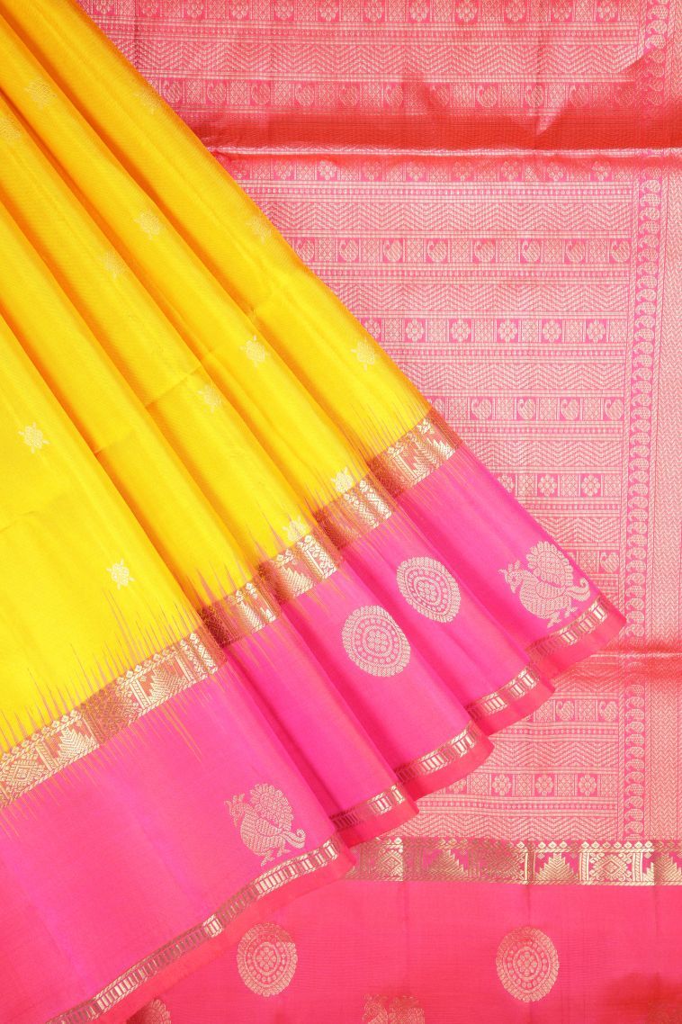 Lemon Yellow Soft Silk Saree with Gold Zari Buttis (small Dots Or Motifs) view 1