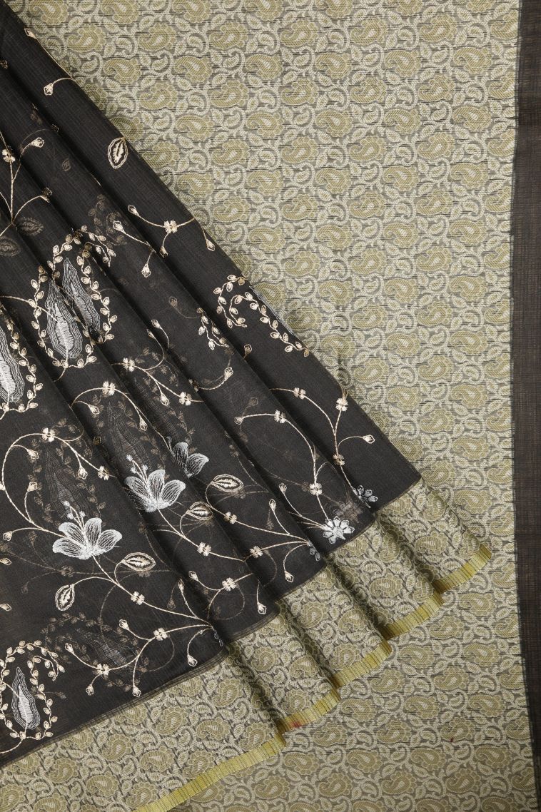 Asphalt Black Tussar Saree with Without Zari Zari Floral Patterns view 1