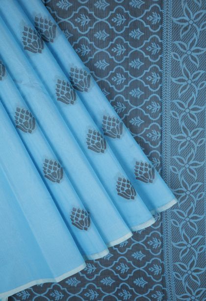 Sky Blue Silk Cotton with Without Zari Zari Buttis (small Dots Or Motifs)