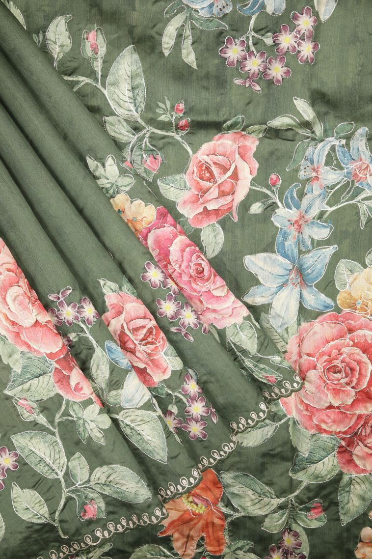 Basil Green Tussar Saree with Without Zari Zari Floral Patterns view 1