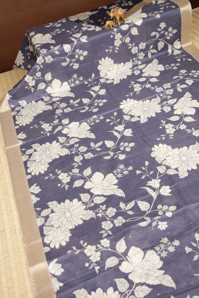 Slate Blue Tussar Saree with Without Zari Zari Floral Patterns view 2