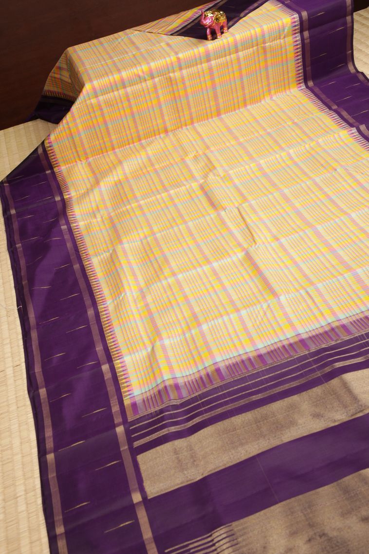 Lemon Yellow Kanchipuram Silk Sarees with Without Zari Zari Checks view 2