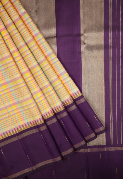 Lemon Yellow Kanchipuram Silk Sarees with Without Zari Zari Checks