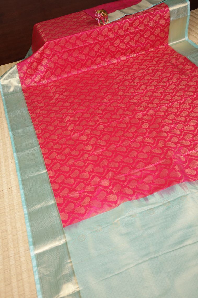Hot Pink Samudrika Pattu with Copper Zari Floral Patterns view 2