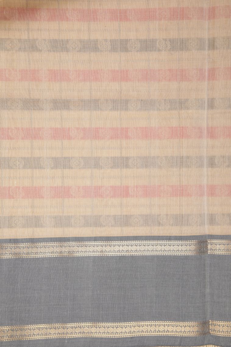 Cream White Pure Handloom Kovai Cotton with Without Zari Zari Peacock Motifs view 3