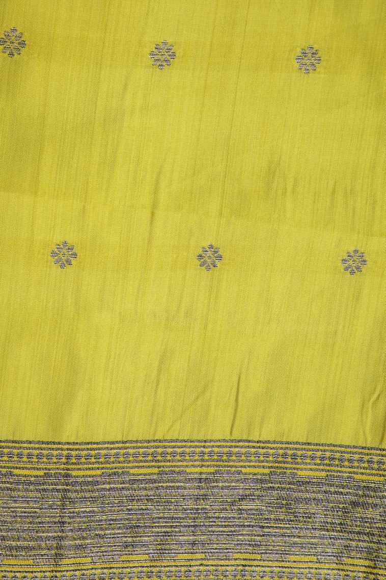 Lime Green Tussar Saree with Bronze Zari Buttis (small Dots Or Motifs) view 3