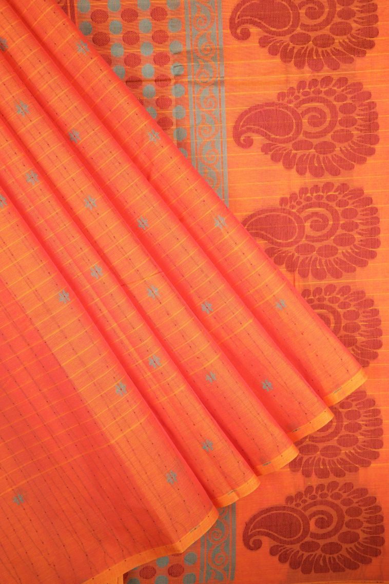 Coral Pink Kovai Cotton Sarees with Without Zari Zari Checks view 1
