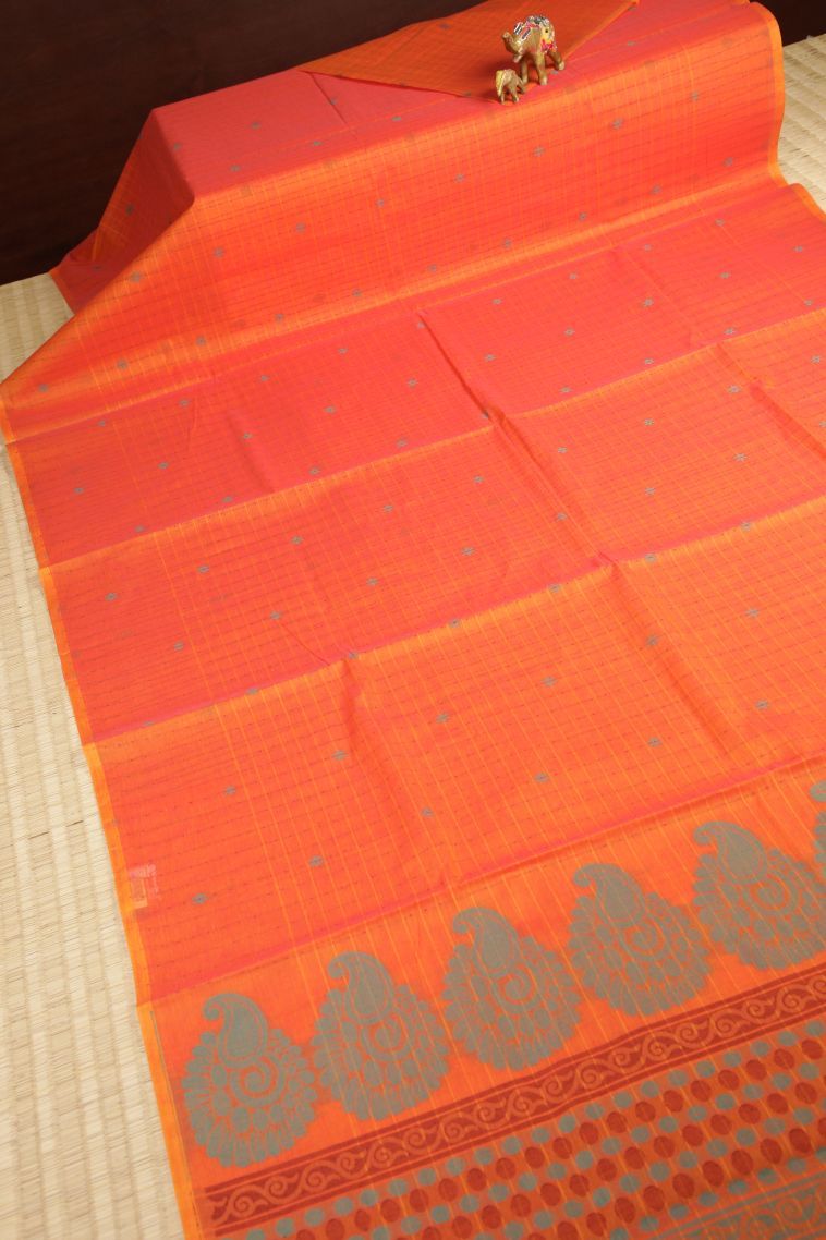 Coral Pink Kovai Cotton Sarees with Without Zari Zari Checks view 2