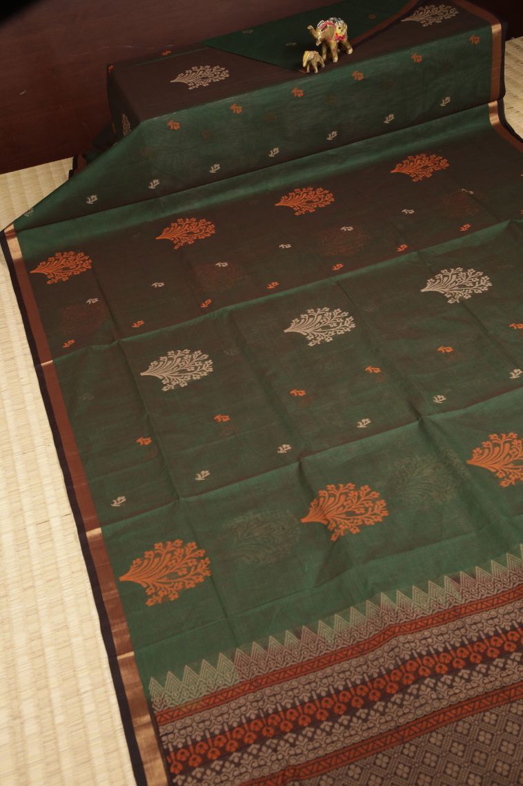 Basil Green Pure Handloom Kovai Cotton with Without Zari Zari Buttis (small Dots Or Motifs) view 2