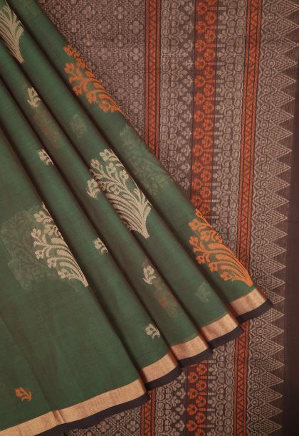 Basil Green Pure Handloom Kovai Cotton with Without Zari Zari Buttis (small Dots Or Motifs)