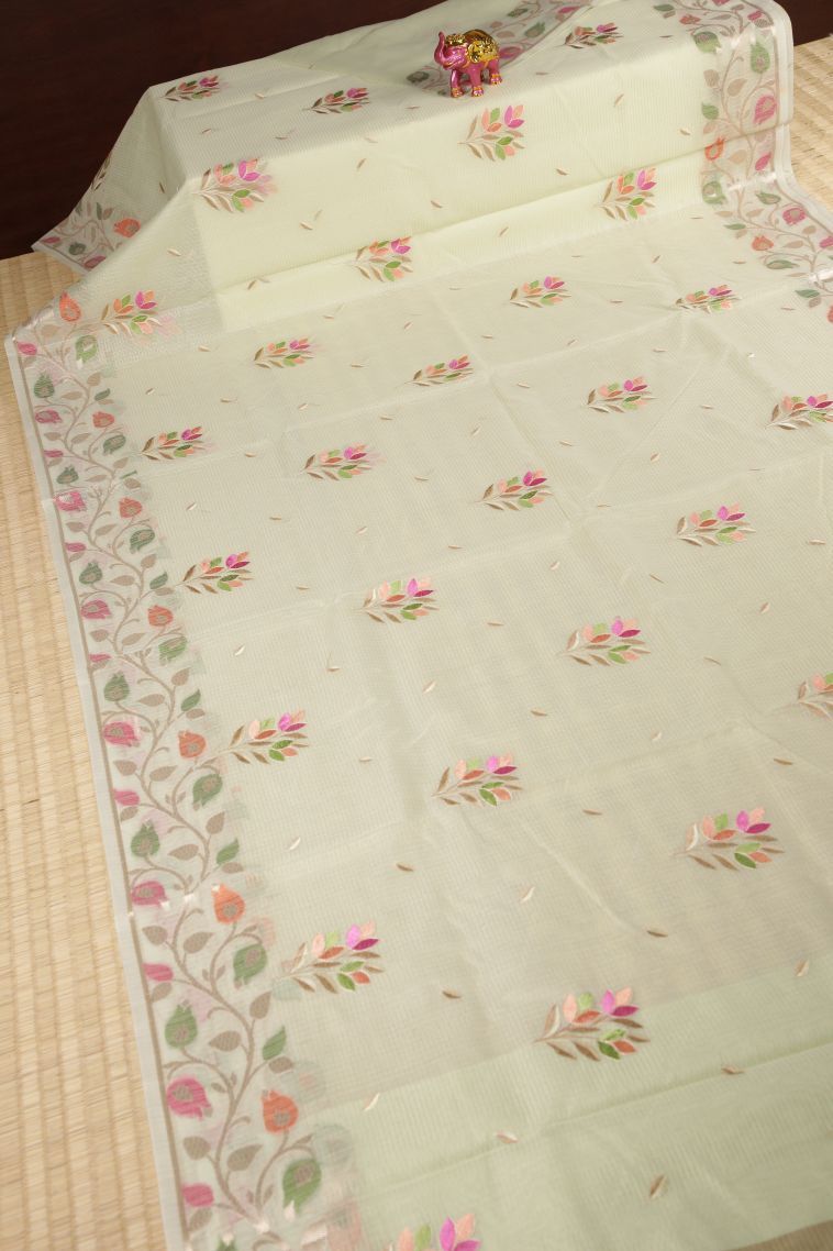 Pistachio Green Tussar Saree with Without Zari Zari Buttis (small Dots Or Motifs) view 2