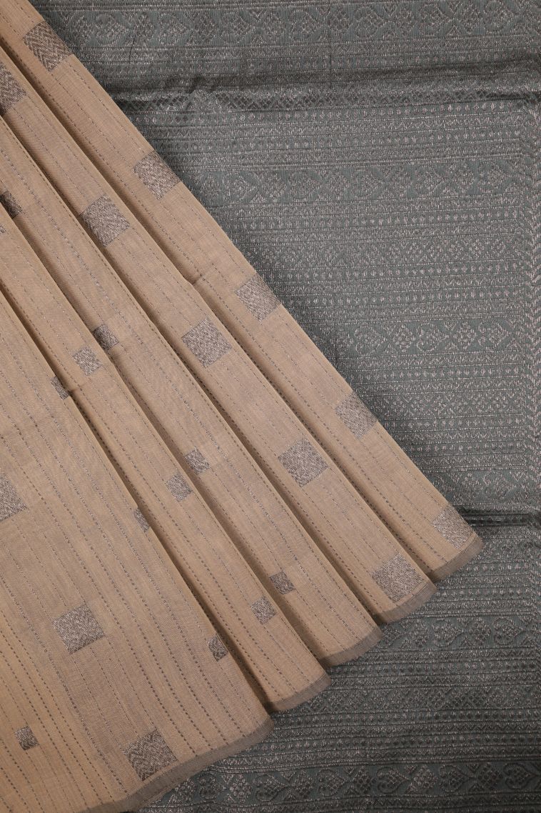 Cream White Silk Cotton Sarees with Bronze Zari Stripes view 1