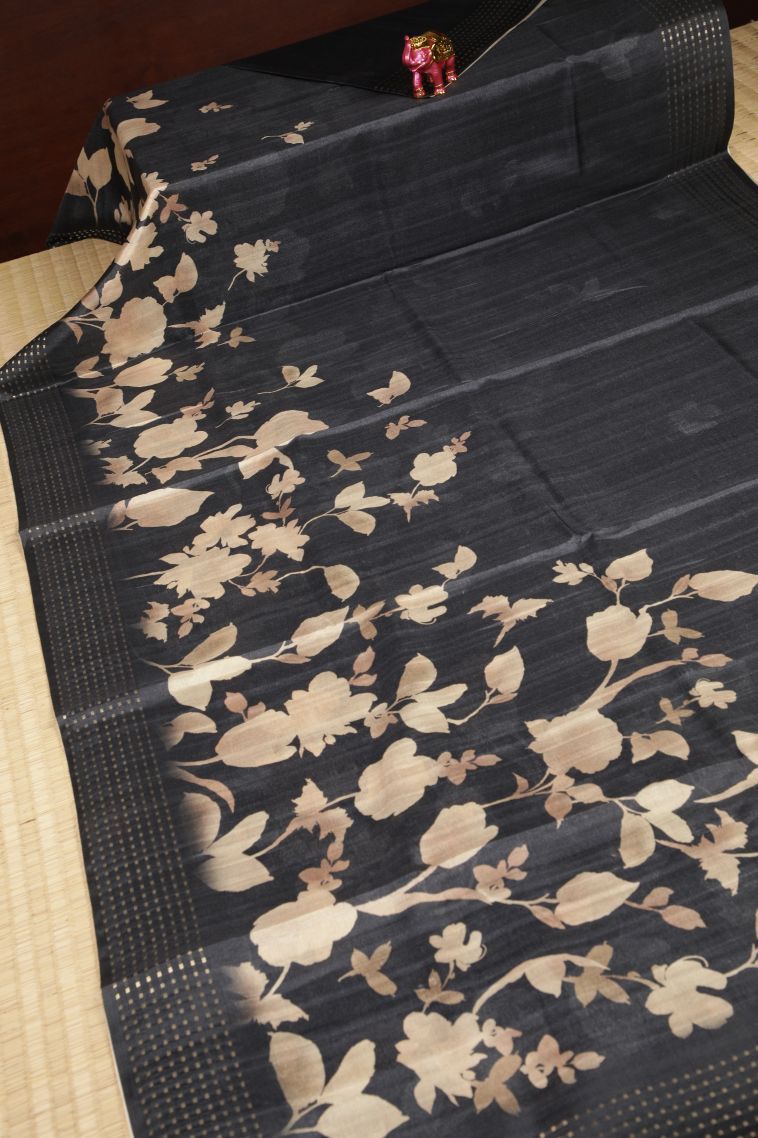 Denim Blue Tussar Saree with Without Zari Zari Floral Patterns view 2