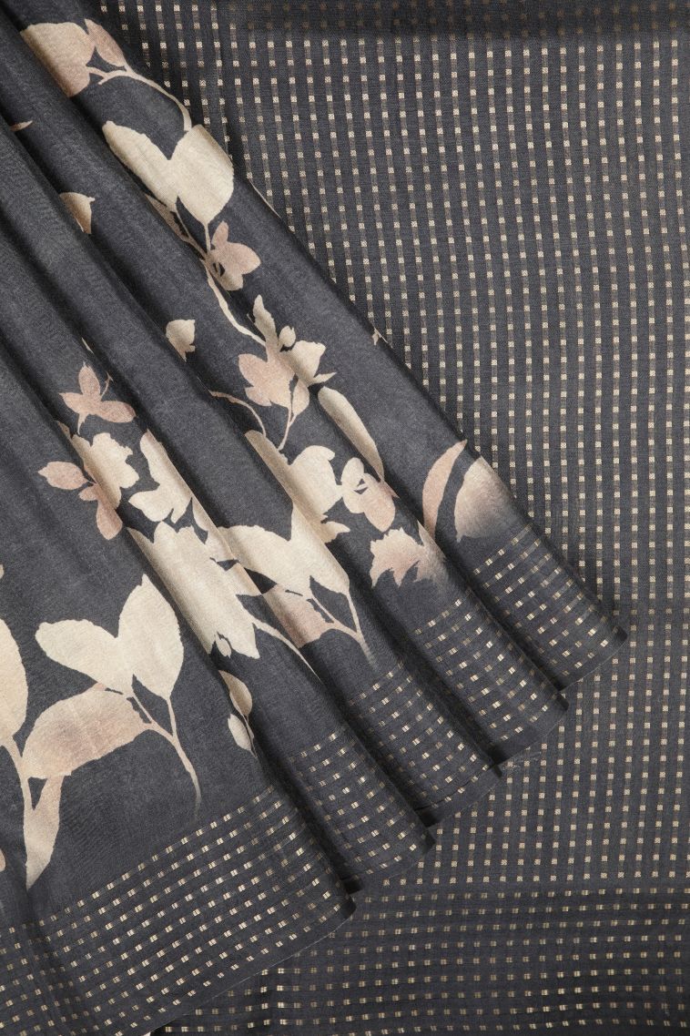 Denim Blue Tussar Saree with Without Zari Zari Floral Patterns view 1