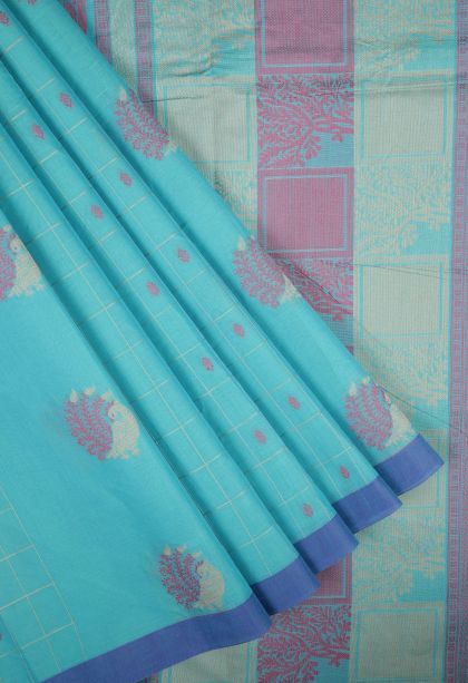 Arctic Blue Kovai Cotton Sarees with Without Zari Zari Buttis (small Dots Or Motifs)