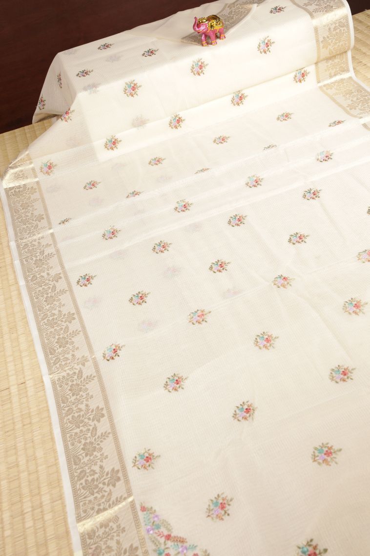 Cream White Tussar Saree with Without Zari Zari Buttis (small Dots Or Motifs) view 2