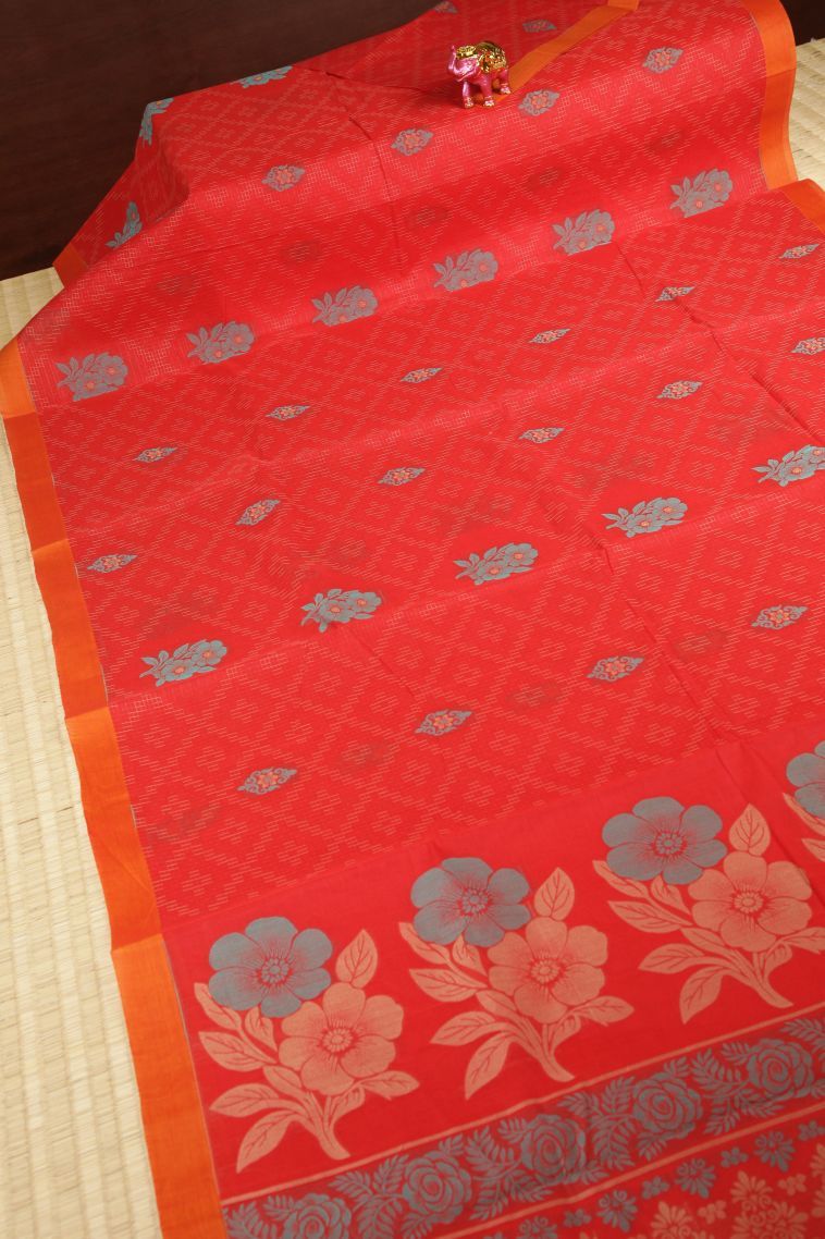 Candy Red Kovai Cotton Sarees with Without Zari Zari Buttis (small Dots Or Motifs) view 2