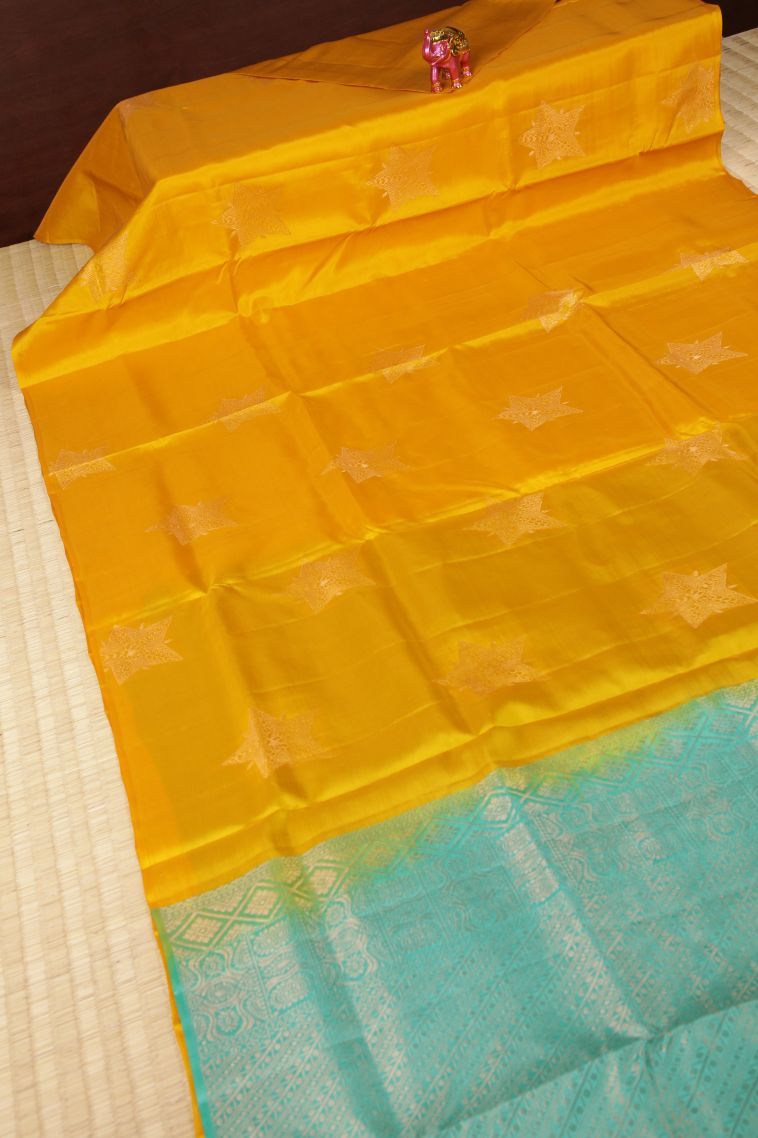 Lemon Yellow Soft Silk Saree with Copper Zari Buttis (small Dots Or Motifs) view 2