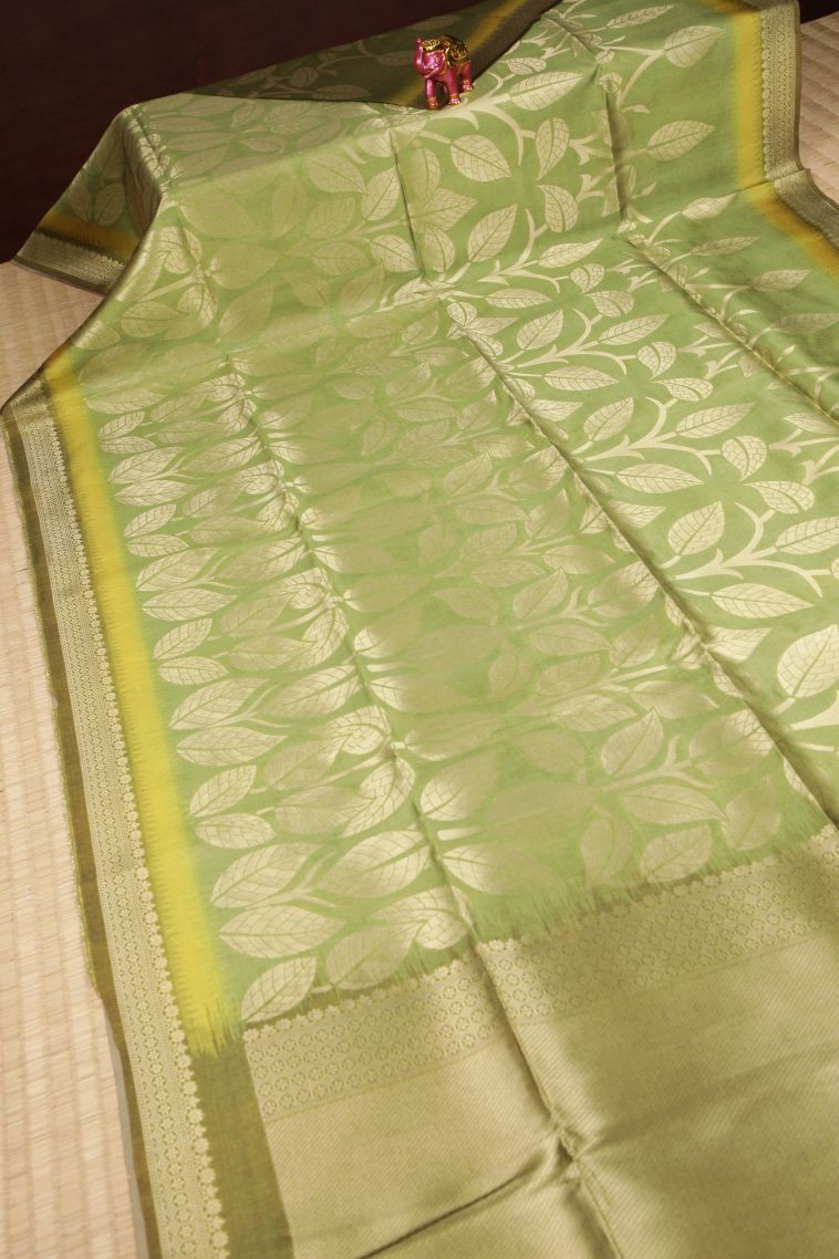Lime Green Tussar Saree with Silver Zari Floral Patterns view 2