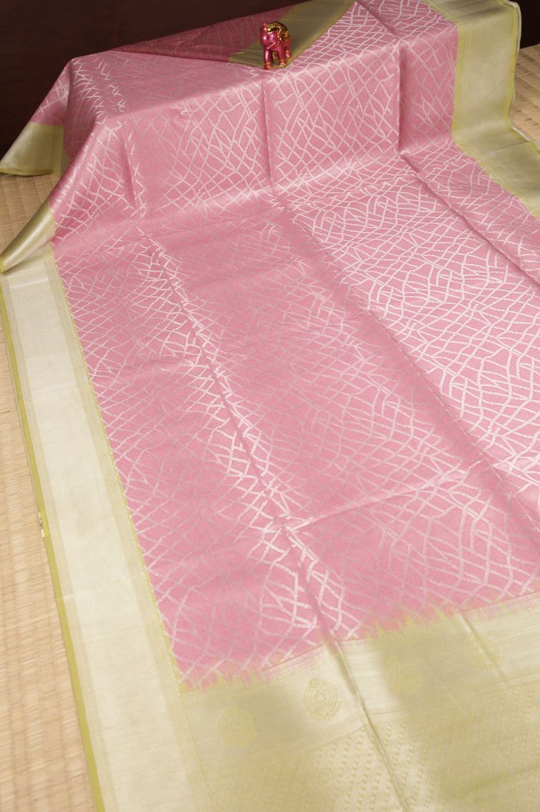 Blush Pink Tussar Saree with Silver Zari Floral Patterns view 2