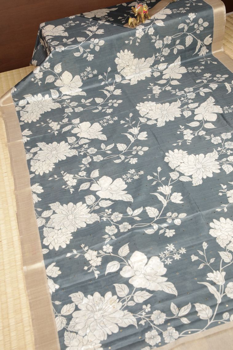 Stone Blue Tussar Saree with Without Zari Zari Floral Patterns view 2
