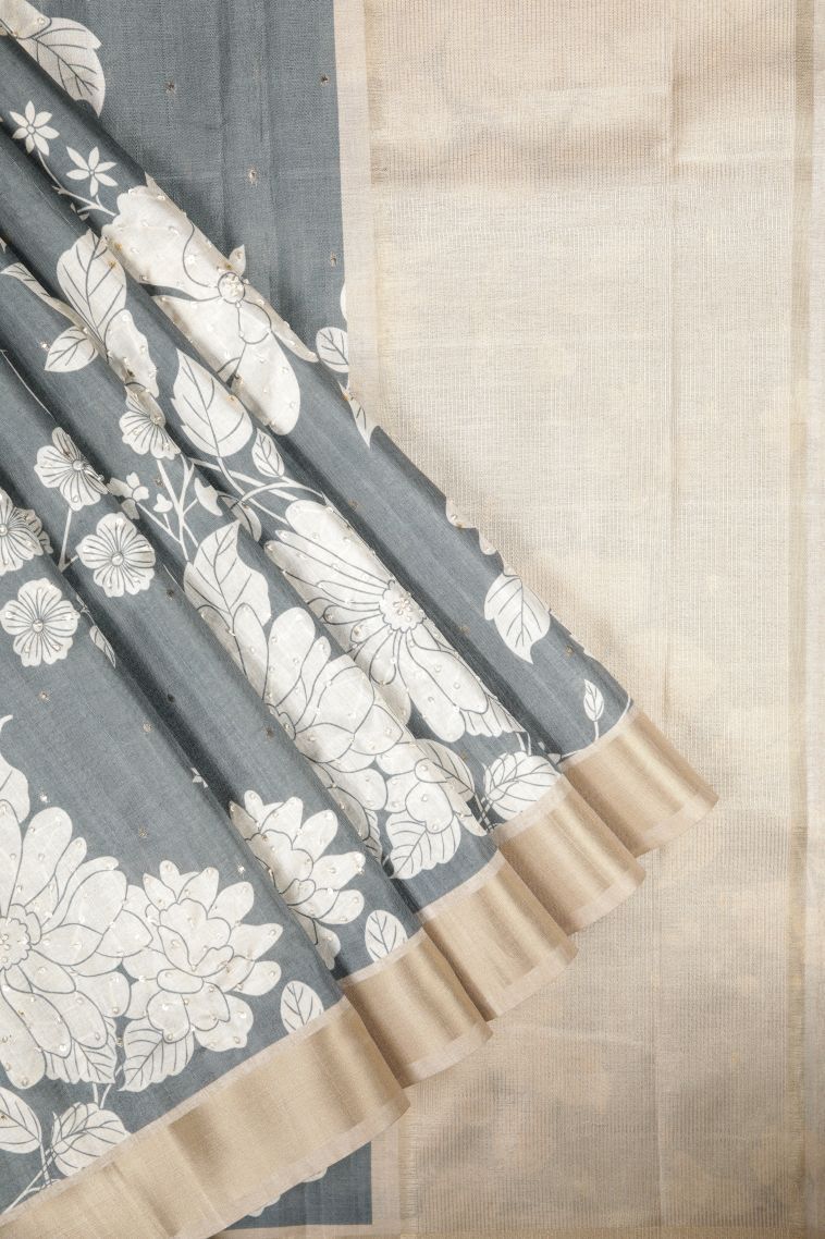 Stone Blue Tussar Saree with Without Zari Zari Floral Patterns view 1