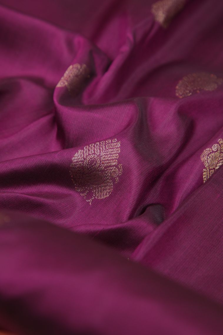 Magenta Purple Kanchipuram Silk Sarees with Gold Zari Peacock Motifs view 4