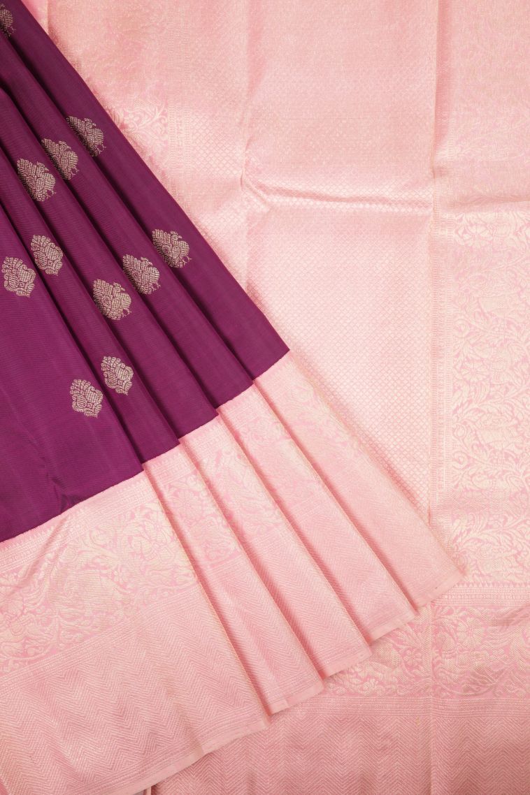Magenta Purple Kanchipuram Silk Sarees with Gold Zari Peacock Motifs view 1
