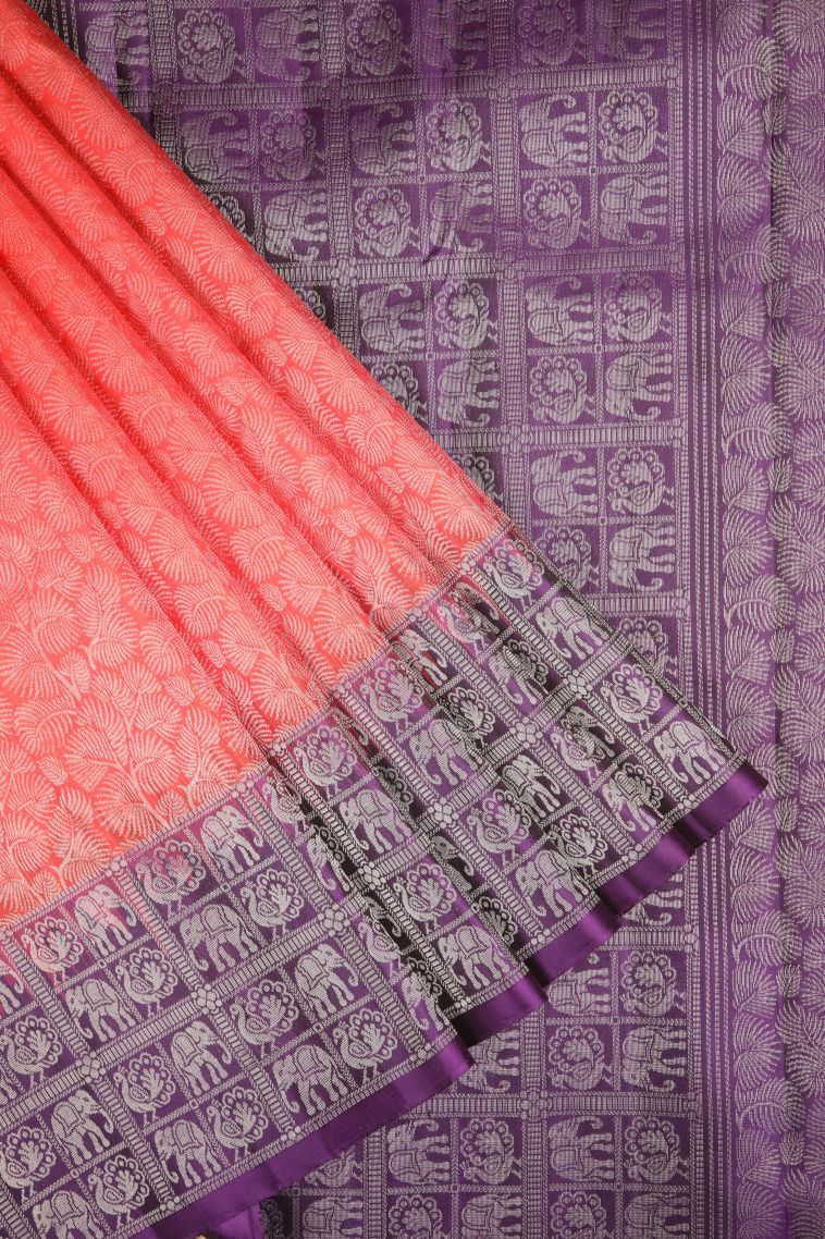 Punch Pink Soft Silk Saree with Silver Zari Floral Patterns view 1
