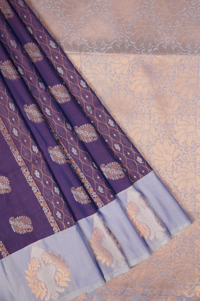 Viola Purple Soft Silk Saree with Copper Zari Stripes view 1