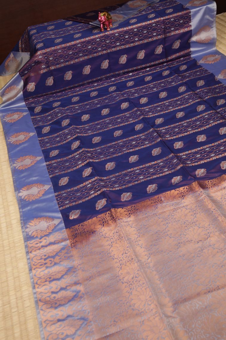 Viola Purple Soft Silk Saree with Copper Zari Stripes view 2