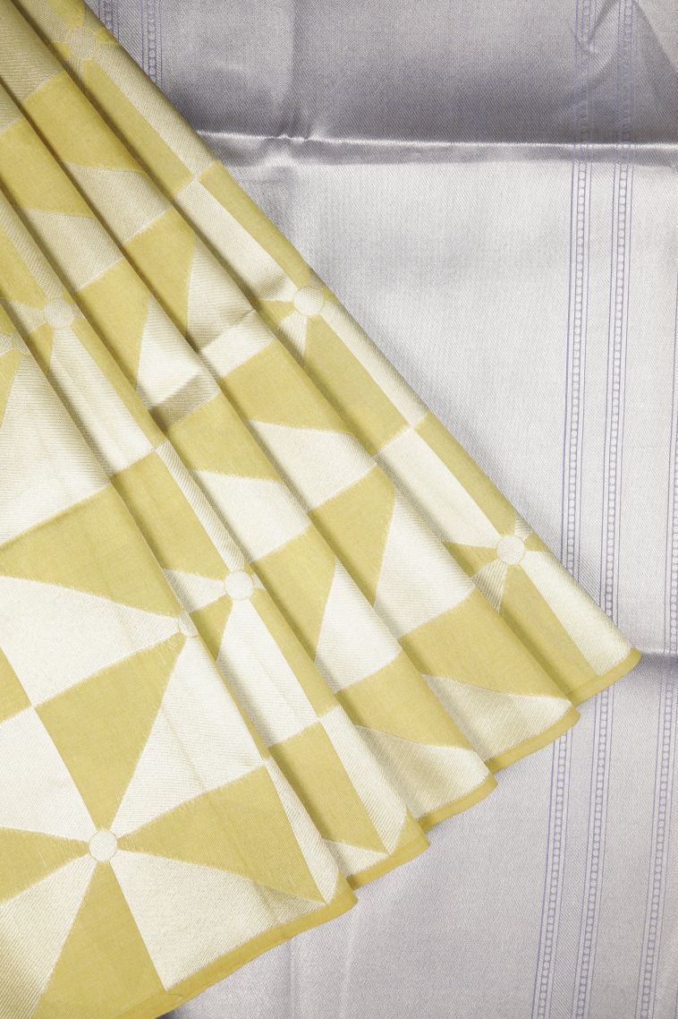 Gold Tussar Saree with Silver Zari Geometric Shapes view 1
