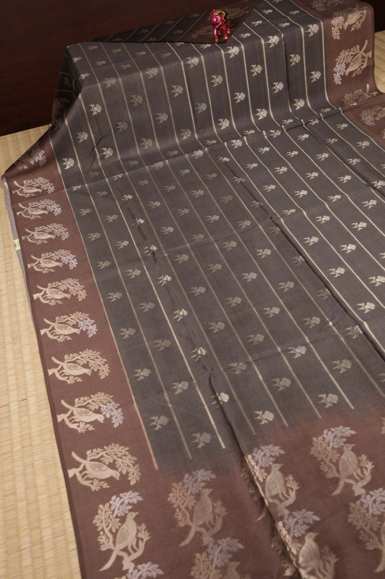 Granite Black Tussar Saree with Silver Zari Buttis (small Dots Or Motifs) view 2